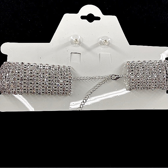 Set of Earrings & Choker Sparkly Rhinestones Necklaces •10 Rows. - Picture 3 of 6